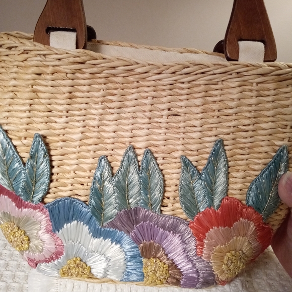EUC Vintage Cappelli Straworld Natural Straw Purse With Embroidered Flowers - Picture 2 of 7